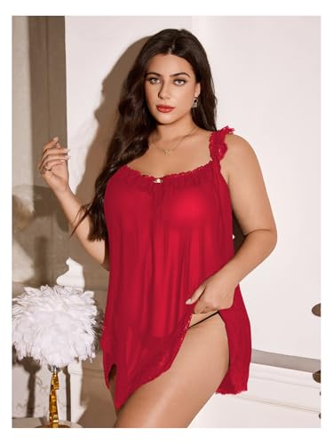 OYOANGLE Women's Plus Size Lace Sheer Chemise Nightgown and Thongs 2 Piece Lace Babydoll Lingerie Set - Image 4