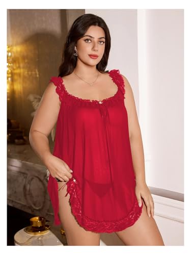 OYOANGLE Women's Plus Size Lace Sheer Chemise Nightgown and Thongs 2 Piece Lace Babydoll Lingerie Set - Image 5