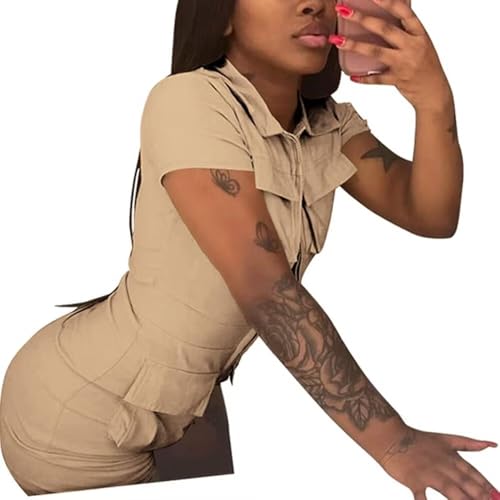 One Piece Jumpsuits for Women Sexy Zip Up Short Sleeve Bodycon Shorts Romper with Pockets - Image 3