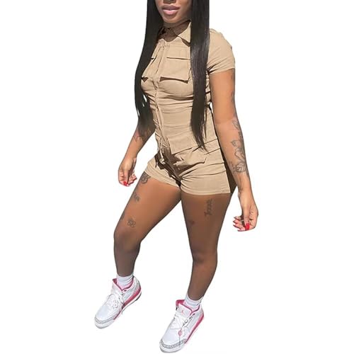 One Piece Jumpsuits for Women Sexy Zip Up Short Sleeve Bodycon Shorts Romper with Pockets - Image 4