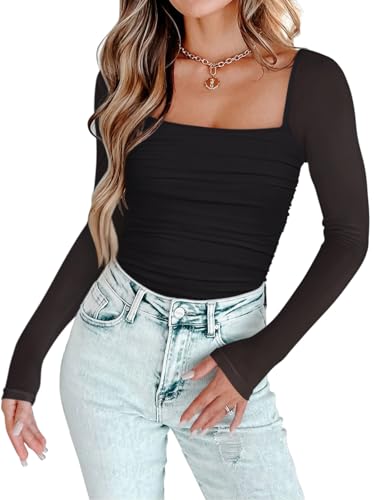 PINKMSTYLE Womens Square Neck Mesh Long Sleeve Bodysuit Shapewear Corset Tops Sexy Concert Outfits Party Shirts - Image 3