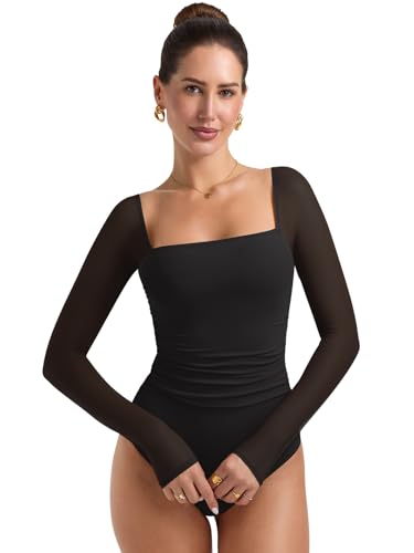 PINKMSTYLE Womens Square Neck Mesh Long Sleeve Bodysuit Shapewear Corset Tops Sexy Concert Outfits Party Shirts - Image 6