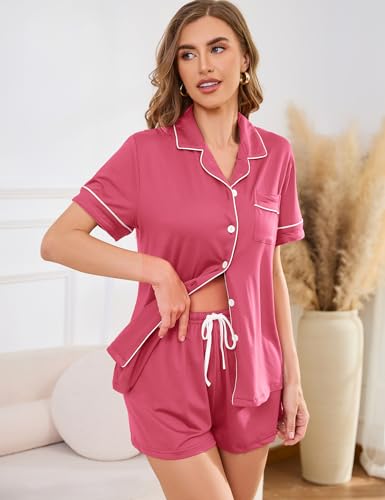 Pajama Set for Women 2 Piece Sleepwear Short Sleeve Button Tops and Pj Shorts Chest Pocket - Image 4