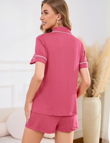Pajama Set for Women 2 Piece Sleepwear Short Sleeve Button Tops and Pj Shorts Chest Pocket - Image 6