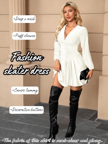 Pleated Mini Dress, V Neck A Line, Semi Formal Cocktail, Smocked Ruched Short Skater Dresses Date Night for Women - Image 3