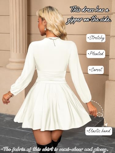 Pleated Mini Dress, V Neck A Line, Semi Formal Cocktail, Smocked Ruched Short Skater Dresses Date Night for Women - Image 4