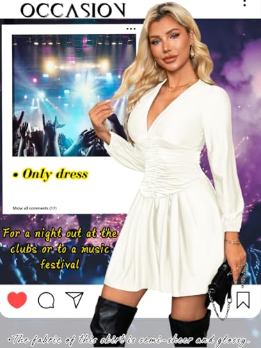 Pleated Mini Dress, V Neck A Line, Semi Formal Cocktail, Smocked Ruched Short Skater Dresses Date Night for Women - Image 6