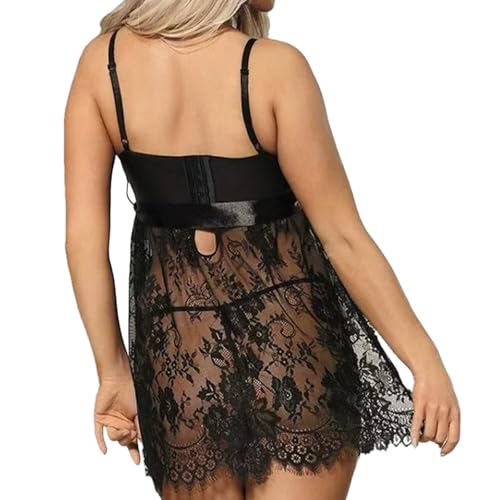 Plus Size Women Sexy Lingerie Set Curvy Lingerie Lace Babydoll Mesh Chemise Nightgown Boudoir Sleepwear with Panty, Black - Image 6