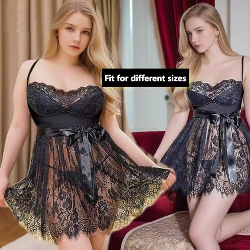 Plus Size Women Sexy Lingerie Set Curvy Lingerie Lace Babydoll Mesh Chemise Nightgown Boudoir Sleepwear with Panty, Black - Image 8
