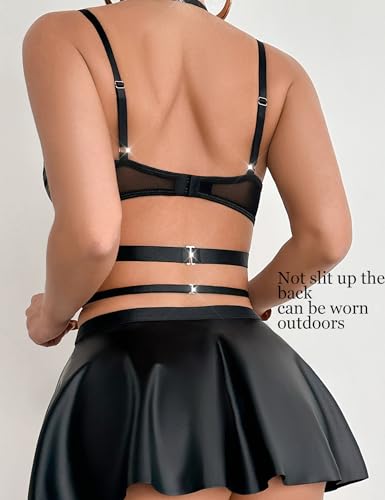 Pu Leather Lingerie for Women Sexy Strappy Chain Underwire Bra Skirts Lingerie Set with 1 Thigh Garter - Image 4