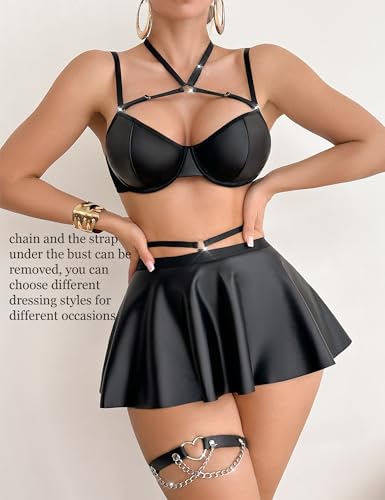 Pu Leather Lingerie for Women Sexy Strappy Chain Underwire Bra Skirts Lingerie Set with 1 Thigh Garter - Image 6