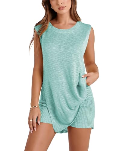 QIBABU Womens Knit Pajamas Sets 2 Piece Outfits Casual Sleeveless Sweater Tank Top Shorts Loungewear Lounge Sets