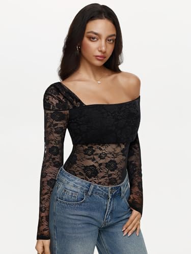 REORIA Sexy Lace Bodysuit One Shoulder Bodysuit Long Sleeve Bodysuits for Women Going Out Y2K Clothes 2025 - Image 3