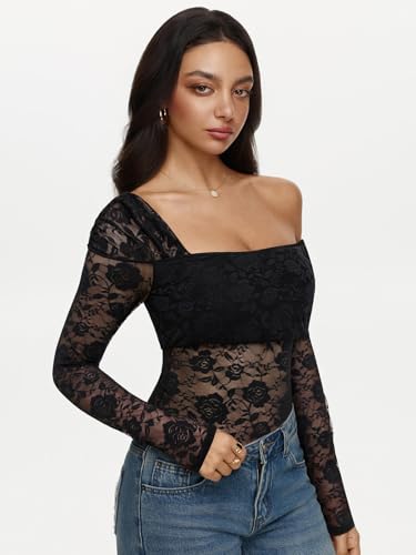REORIA Sexy Lace Bodysuit One Shoulder Bodysuit Long Sleeve Bodysuits for Women Going Out Y2K Clothes 2025 - Image 4