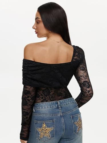 REORIA Sexy Lace Bodysuit One Shoulder Bodysuit Long Sleeve Bodysuits for Women Going Out Y2K Clothes 2025 - Image 5