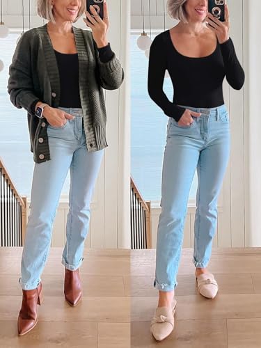 REORIA Women's Sexy Basic Scoop Neck Long Sleeve Double Lined Layering Slim Bodysuit Tops - Image 6