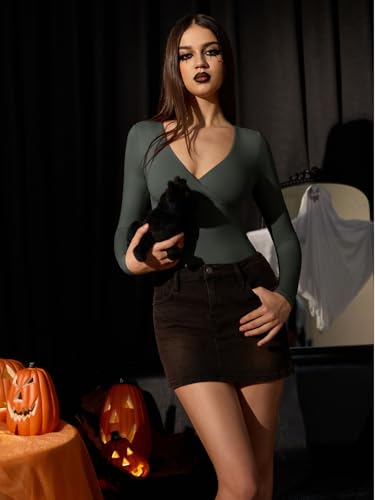 REORIA Womens Sexy Deep V Neck Bodysuit Cross Wrap Bodysuit Long Sleeve Double Lined Top Going Out Outfits - Image 3