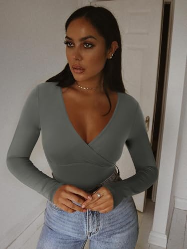 REORIA Womens Sexy Deep V Neck Bodysuit Cross Wrap Bodysuit Long Sleeve Double Lined Top Going Out Outfits - Image 5