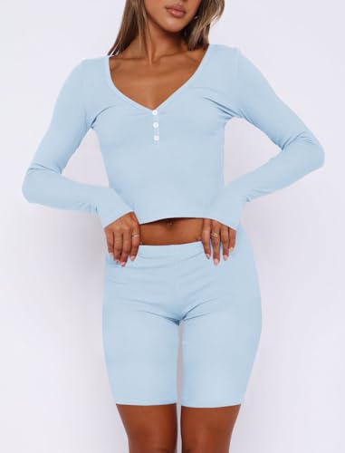 REVETRO Fall Womens Long Sleeve Sexy Pajama Sets Fashion Lounge Sets Y2k Pajamas Workout Shorts Set - Image 3