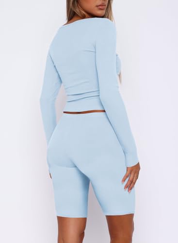 REVETRO Fall Womens Long Sleeve Sexy Pajama Sets Fashion Lounge Sets Y2k Pajamas Workout Shorts Set - Image 4