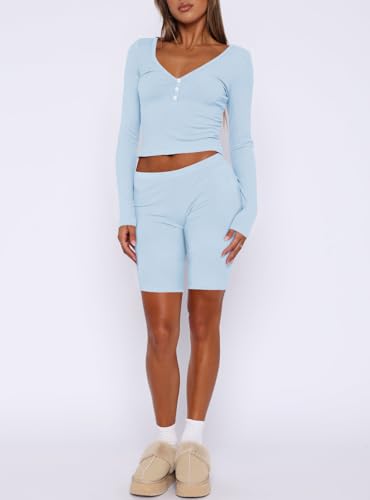 REVETRO Fall Womens Long Sleeve Sexy Pajama Sets Fashion Lounge Sets Y2k Pajamas Workout Shorts Set - Image 6