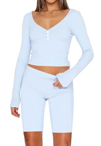 REVETRO Fall Womens Long Sleeve Sexy Pajama Sets Fashion Lounge Sets Y2k Pajamas Workout Shorts Set