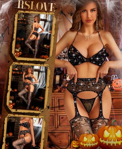 RSLOVE Bodystocking Lingerie Sets for Women - Sexy Fishnet Garter Belt Stocking Womens Bra and Panty sets 3 Piece One Size - Image 6