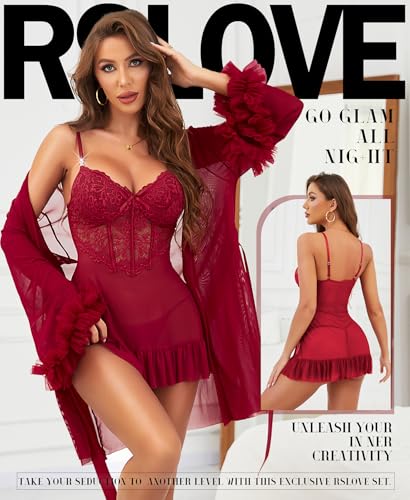 Alternative view of RSLOVE Lingerie Sets for Women Sexy - 2 Piece Babydoll & Lace Kimono Robe Set Strap Chemise Sleepwear Mesh Nightgown Ruffled