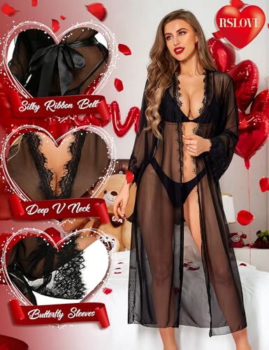 RSLOVE Lingerie for Women Sexy Long Lace Kimono Robe Mesh Chemise Lace Gown Swimsuit Cover Up - Image 4
