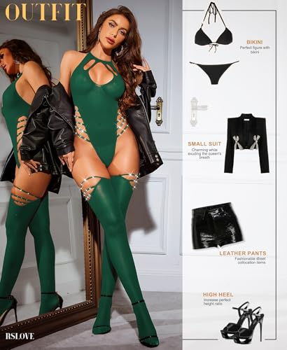 RSLOVE Sexy Lingerie Sets for Women Fishnet Bodystocking Exotic Sparkle Rhinestone Mesh Bodysuit with Thigh High Stockings - Image 3