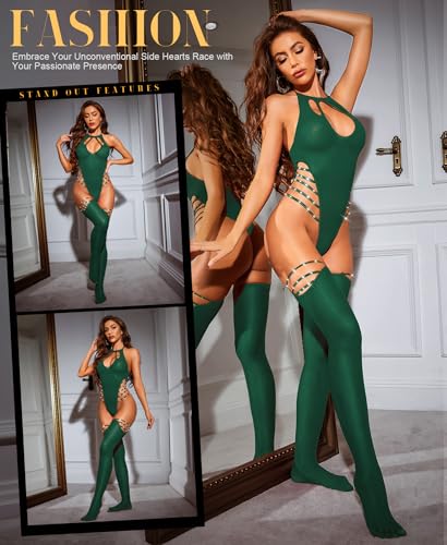 RSLOVE Sexy Lingerie Sets for Women Fishnet Bodystocking Exotic Sparkle Rhinestone Mesh Bodysuit with Thigh High Stockings - Image 4