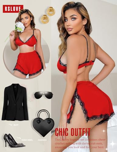 RSLOVE Sexy Pajamas for Women Soft Lingerie Set Lace Trim Sleepwear 2 piece Pjs Shorts Set - Image 6