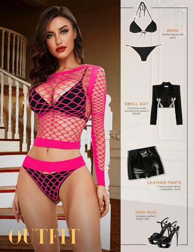 RSLOVE Women Sexy Mesh Lingerie Fishnet Babydoll Free Size Bodysuit See Through Shirts Long Sleeve - Image 4