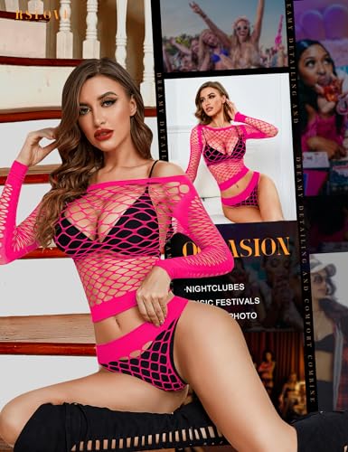 RSLOVE Women Sexy Mesh Lingerie Fishnet Babydoll Free Size Bodysuit See Through Shirts Long Sleeve - Image 6
