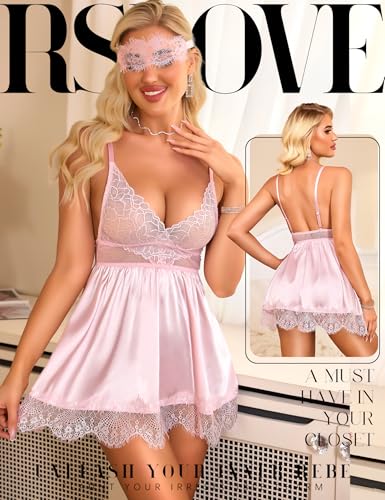 RSLOVE Womens Lingerie Lace Babydoll - Satin Nightgown Sexy Nightwear 3 Piece V Neck Sleepwear Mesh Chemise with Mask - Image 3