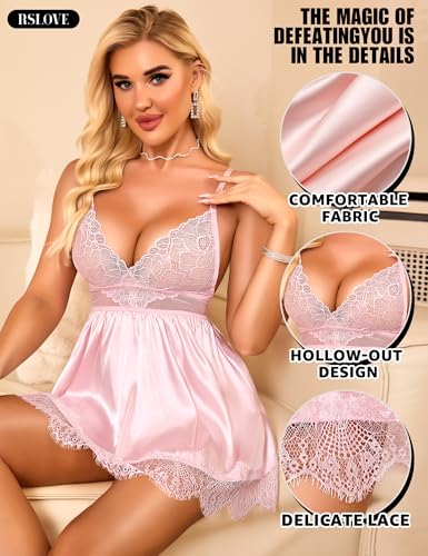 RSLOVE Womens Lingerie Lace Babydoll - Satin Nightgown Sexy Nightwear 3 Piece V Neck Sleepwear Mesh Chemise with Mask - Image 4