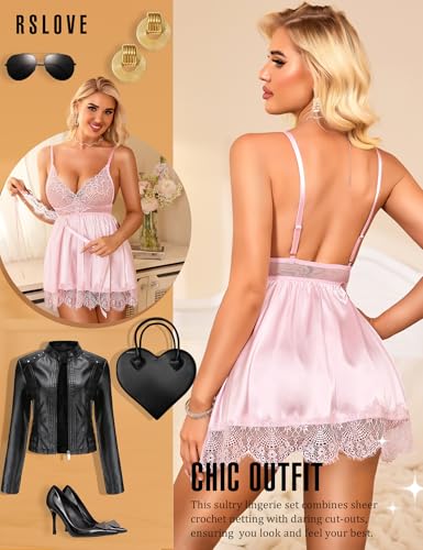 RSLOVE Womens Lingerie Lace Babydoll - Satin Nightgown Sexy Nightwear 3 Piece V Neck Sleepwear Mesh Chemise with Mask - Image 6