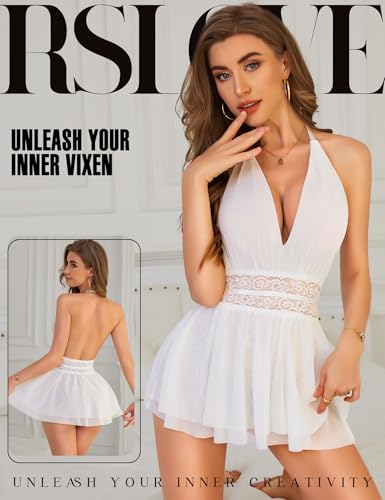 RSLOVE Women's Lingerie Lace Babydoll - Sexy Chemise with Halter Neck Backless Mesh Nightgown Spaghetti Straps Sleepwear - Image 3