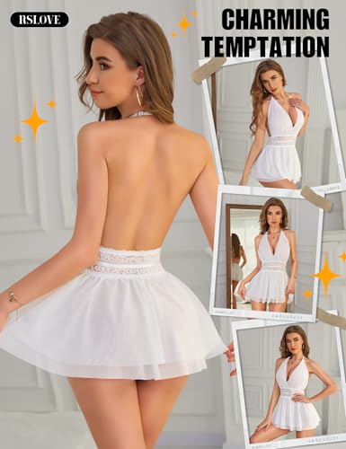 RSLOVE Women's Lingerie Lace Babydoll - Sexy Chemise with Halter Neck Backless Mesh Nightgown Spaghetti Straps Sleepwear - Image 4