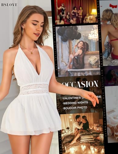 RSLOVE Women's Lingerie Lace Babydoll - Sexy Chemise with Halter Neck Backless Mesh Nightgown Spaghetti Straps Sleepwear - Image 6
