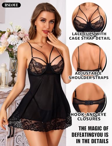 RSLOVE Women’s Lingerie Lace Babydoll - Sexy Nightwear V-Neck Strappy Nightgown with Thong - Image 5