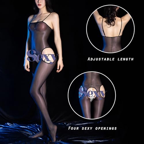 RUIBAVYA Women's Bodystocking Oil Shiny Glossy Body Stockings Suspender Pantyhose Four-way open Catsuit Crotchless Full Bodystocking - Image 3