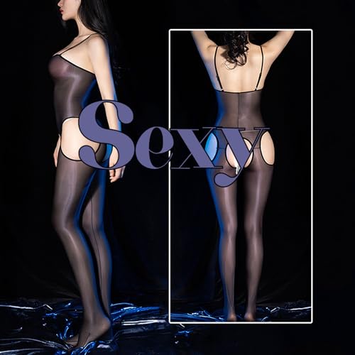RUIBAVYA Women's Bodystocking Oil Shiny Glossy Body Stockings Suspender Pantyhose Four-way open Catsuit Crotchless Full Bodystocking - Image 7