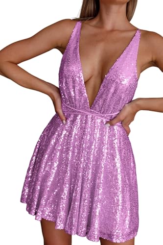 R.Vivimos Women's Sequin Dress Spaghetti Strap Sexy Deep V Neck Backless Glitter Club Party Skater Swing Mini Dress - Image 6