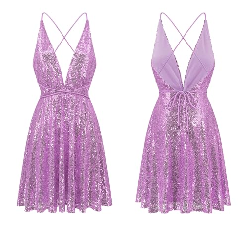 R.Vivimos Women's Sequin Dress Spaghetti Strap Sexy Deep V Neck Backless Glitter Club Party Skater Swing Mini Dress - Image 7