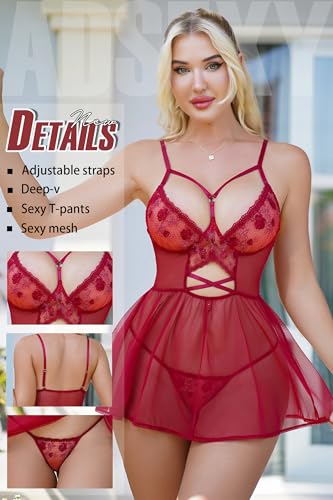 Red Lace Chemise for Women See Through Lingerie Sexy Mini Babydoll Sheer Floral Nightgown Robe Negligee - Image 3