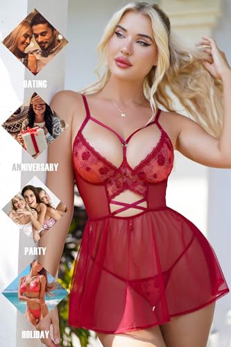 Red Lace Chemise for Women See Through Lingerie Sexy Mini Babydoll Sheer Floral Nightgown Robe Negligee - Image 4