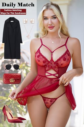 Red Lace Chemise for Women See Through Lingerie Sexy Mini Babydoll Sheer Floral Nightgown Robe Negligee - Image 5