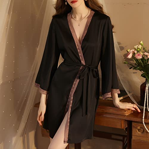 Robes For Women Stain Mesh Black Kimono Nightgown Sexy Deep V Sleepwear Wedding Bridesmaids Bathrobe - Image 3