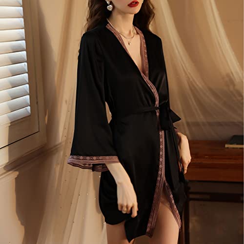 Robes For Women Stain Mesh Black Kimono Nightgown Sexy Deep V Sleepwear Wedding Bridesmaids Bathrobe - Image 4